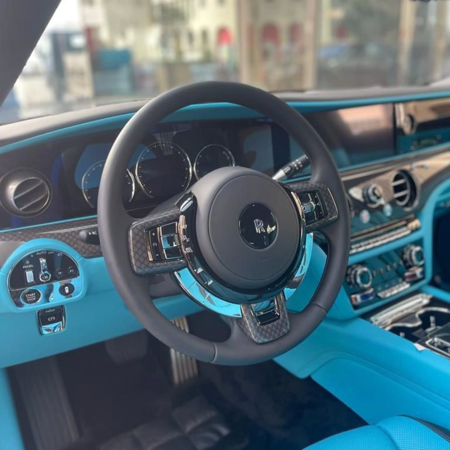 Luxury chauffeur interior with blue leather details